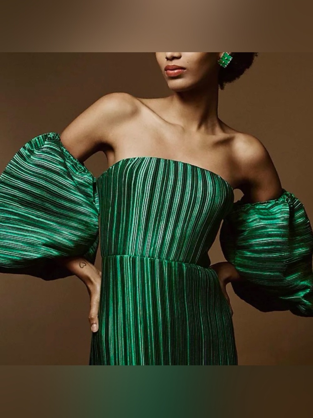 L'IDEE Sirene Plissé Off-Shoulder Puff-Sleeve Column Dress Emerald Green 10 NWT - Picture 2 of 16